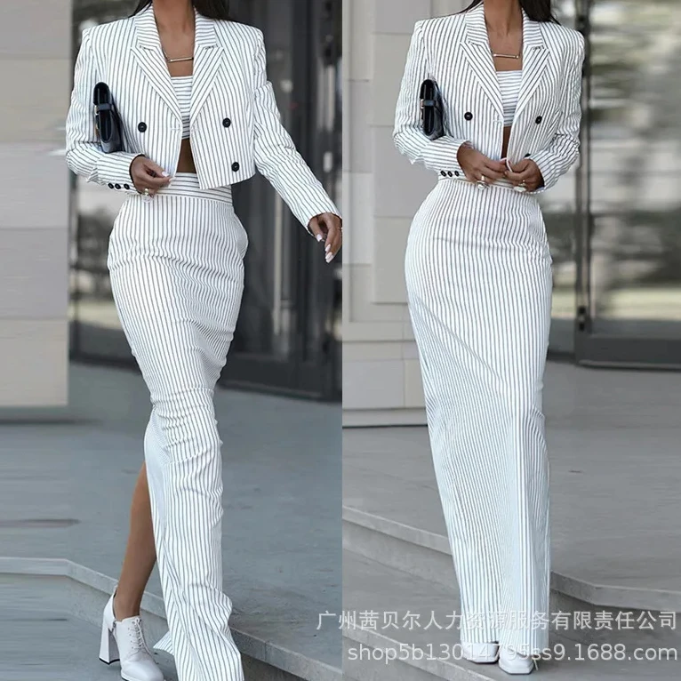 Winter Clothing Design - Striped Blazer Coat & Slit Skirt